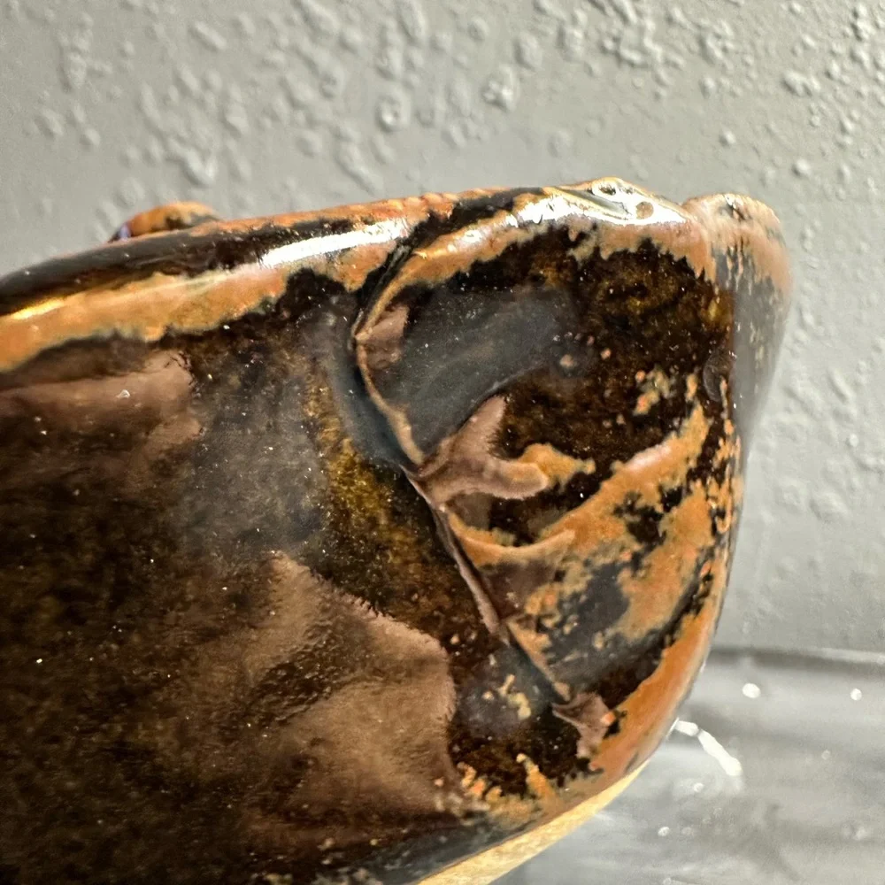 Vintage signed glazed brown ceramic flower frog